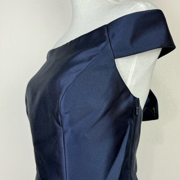 ALFRED SUNG D751 Midnight Navy NWT Off the Shoulder Criss Cross Back Satin Dress - Picture 5 of 15